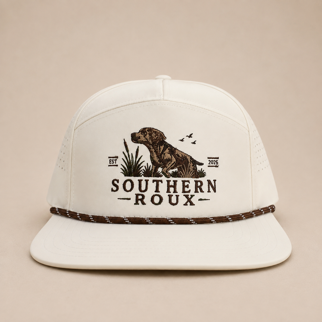 White seven-panel Southern Roux rope cap with embroidered dog-and-marsh logo.