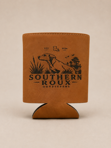 Brown leather koozie with the Southern Roux dog-and-marsh logo.
