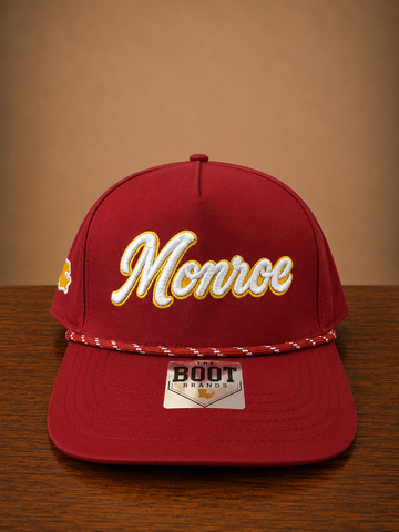 Maroon rope cap with Monroe script embroidery on front and Louisiana state embroidery on the side.