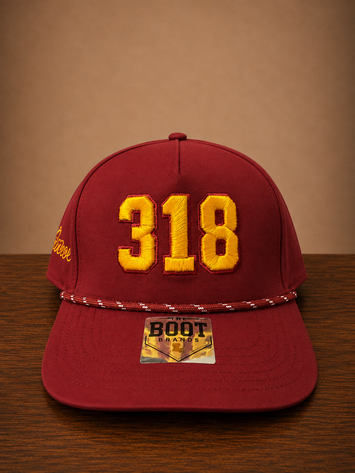 Maroon rope cap with bold 318 embroidery on front and Monroe script embroidery on the side.