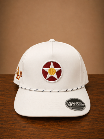 White rope cap with a circular star design on front and ULM embroidery on the side.
