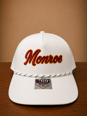 White rope cap with Monroe script embroidery on front and Louisiana state embroidery on the side.