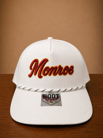 White rope cap with Monroe script embroidery on front and Louisiana state embroidery on the side.