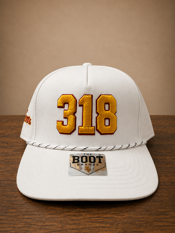 White rope cap with bold 318 embroidery on front and Monroe script embroidery on the side.