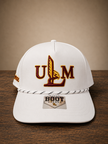 White rope cap with ULM embroidery on front and Monroe script embroidery on the side.