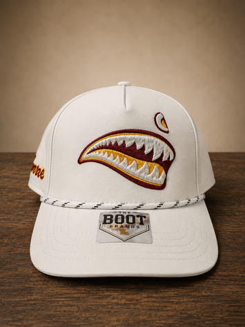 White rope cap with the P40 graphic on front and Monroe script embroidery on the side.