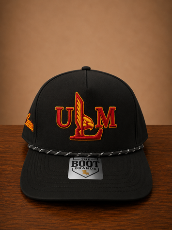 Black rope cap with ULM embroidery on front and Monroe script embroidery on the side.