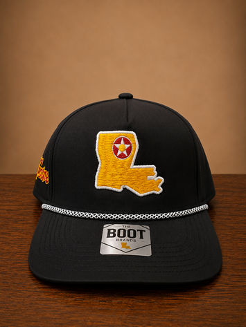 Black rope cap with Louisiana state embroidery on front and Monroe script embroidery on the side.