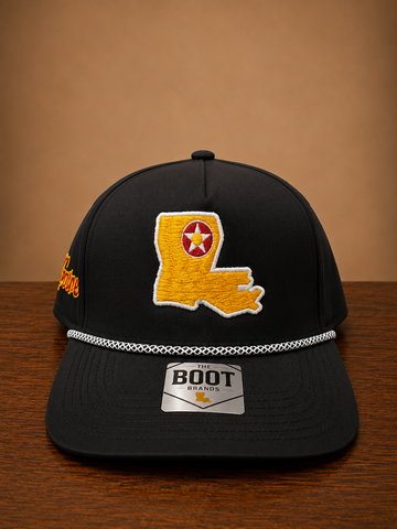 Black rope cap with Louisiana state embroidery on front and Monroe script embroidery on the side.