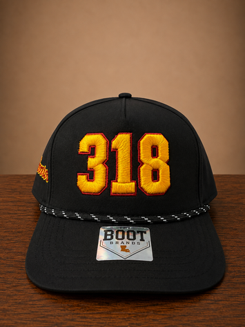 Black rope cap with bold 318 embroidery on front and Monroe script embroidery on the side.