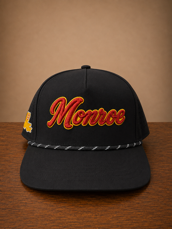 Black rope cap with Monroe script embroidery on front and Louisiana state embroidery on the side.