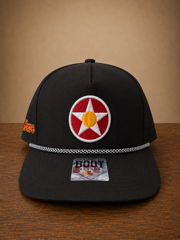 Black rope cap with a circular star design on front and Monroe script embroidery on the side.