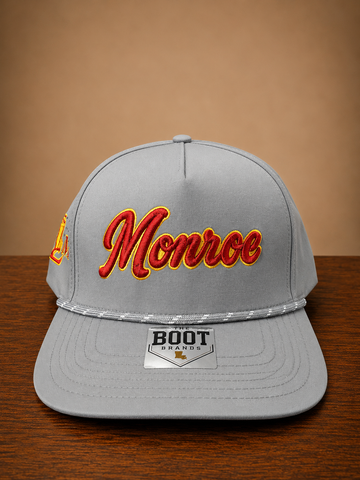 Gray rope cap with Monroe script embroidery on front and ULM embroidery on the side.