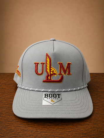 Gray rope cap with ULM embroidery on front and Monroe script embroidery on the side.