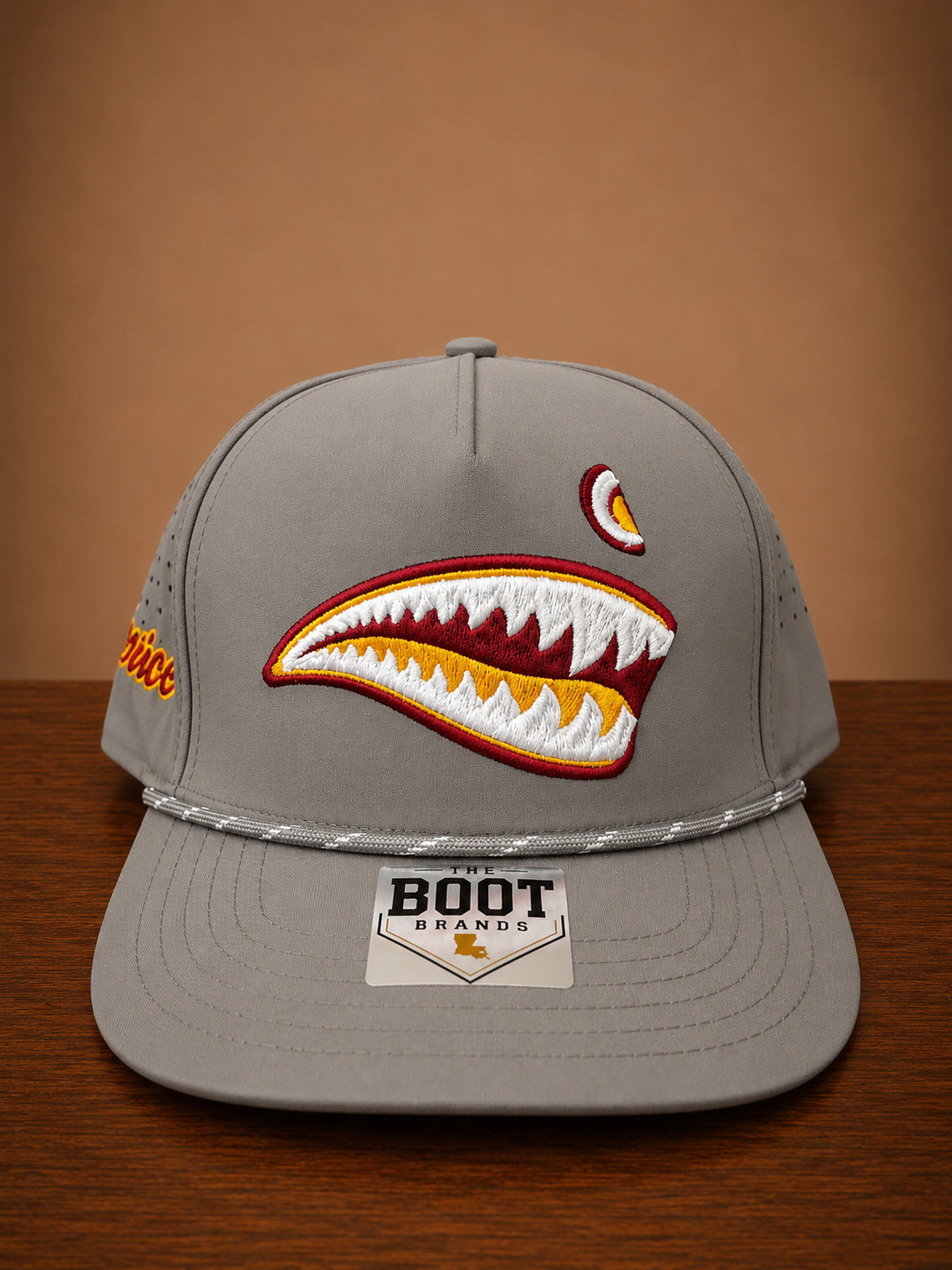 Gray rope cap with the P40 graphic on front and Monroe script embroidery on the side.