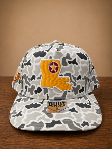 Smoke Gray Camo rope cap with Louisiana state embroidery on front and ULM embroidery on the side.