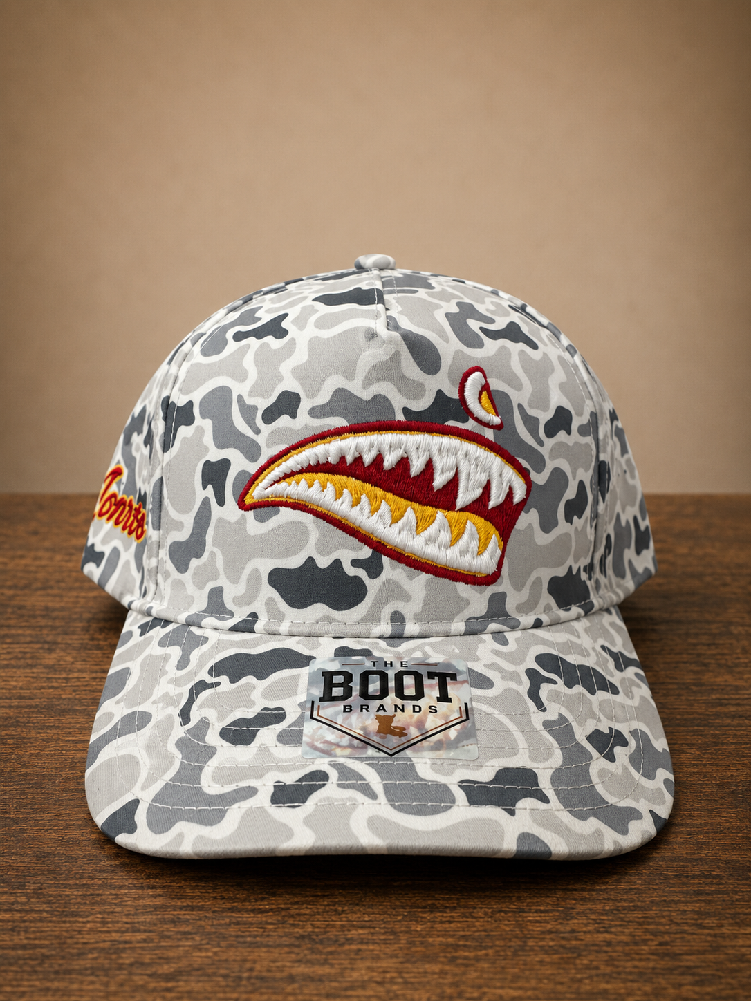 Smoke Gray Camo rope cap with the P40 graphic on front and Monroe script embroidery on the side.