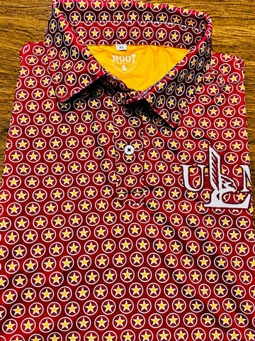 Maroon ULM Athletic Dri Fit Polo with repeating star pattern and embroidered ULM chest mark.