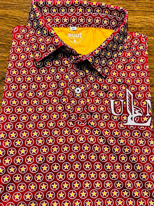 Maroon ULM Athletic Dri Fit Polo with repeating star pattern and embroidered ULM chest mark.