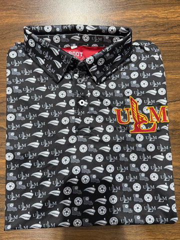 Black ULM Athletic Dri Fit Polo with repeating ULM pattern and embroidered ULM chest mark.