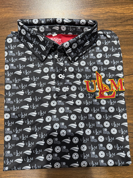 Black ULM Athletic Dri Fit Polo with repeating ULM pattern and embroidered ULM chest mark.