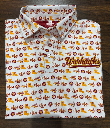 White ULM Athletic Dri Fit Polo with repeating ULM pattern and embroidered Warhawks chest script.