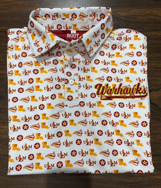 White ULM Athletic Dri Fit Polo with repeating ULM pattern and embroidered Warhawks chest script.